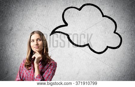 Brown Haired Woman Looks Pensive Upwards And Tries To Remember Something. Blank Speech Bubble Illust