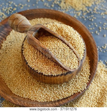 Bowl Of Raw Amaranth Grain With A Scoop Close Up