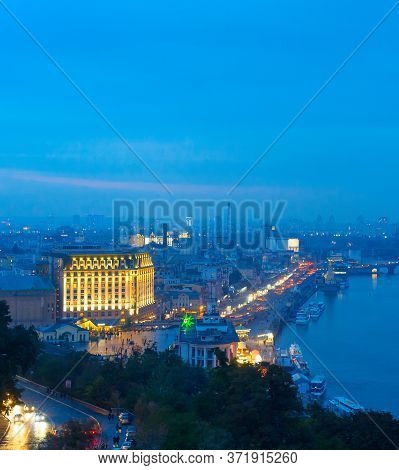 Skyline Of Kiev. Podol District And River Dniepr. Ukraine
