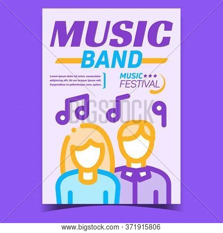 Music Band Creative Promotional Banner Vector. People Man And Woman Signer Or Dancer And Notes, Musi