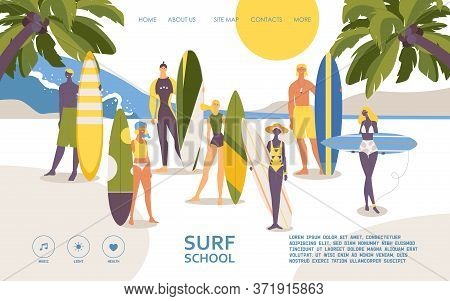 Vector Concept Landing Page For Surfers Surf School Banner. Flat Characters With Surfboards, Palms A