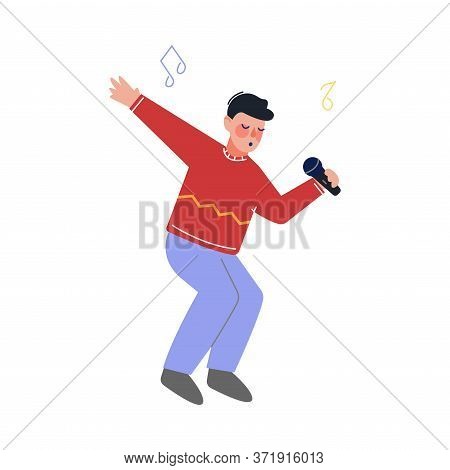 Teen Boy Singing With Microphone, Talented Teenager Character Performing In Concert, Singing Karaoke