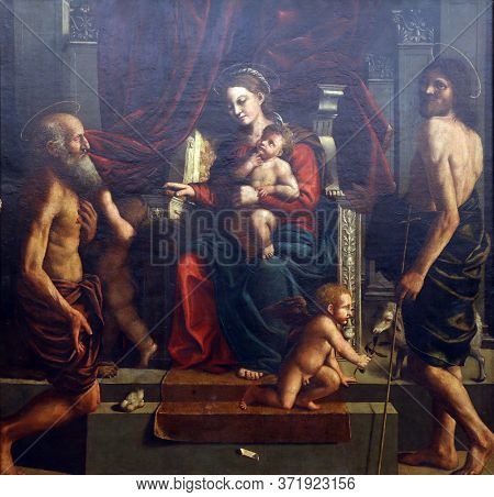 ZAGREB, CROATIA - DECEMBER 08: Girolamo da Carpi: Madonna and Child with Saint Jerome and John the Baptist, December 08, 2014 in Zagreb, Croatia