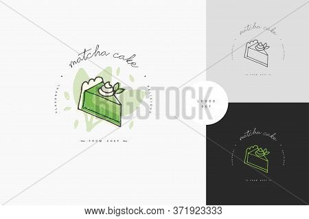Matcha Tea Linear Design Element - Matcha Cheesecake Emblem, Symbols. Matcha Dessert Template Or Log