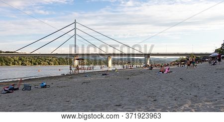 Novi Sad, Serbia - June 14, 2020: People Enjoy On A Beach (strand) On A Danube River, View At Libert