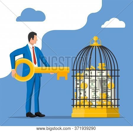 Businessman Holding Key Near Bird Cage Full Of Coins And Banknotes. Solution, Winning, Future, Busin
