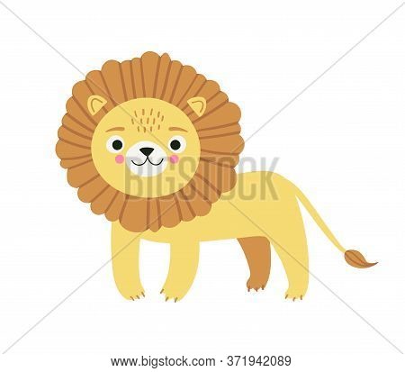 Cute Lion Character. Simple Cartoon Vector Style Illustration Of African Animal, Isolated On White B