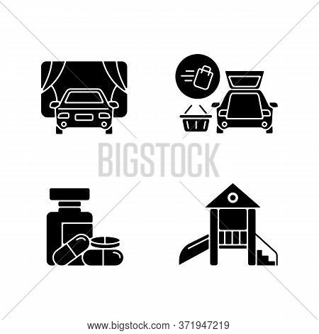 Shopping Mall Products And Services Black Glyph Icons Set On White Space. Curbside Pickup Delivery. 