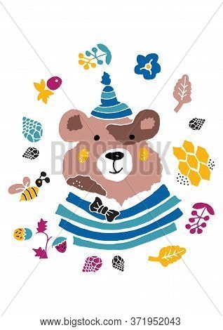 Cute Forest Bear In Cartoon Style. The Idea Of A Print For Childrens Clothing And Baby Supplies. Vec