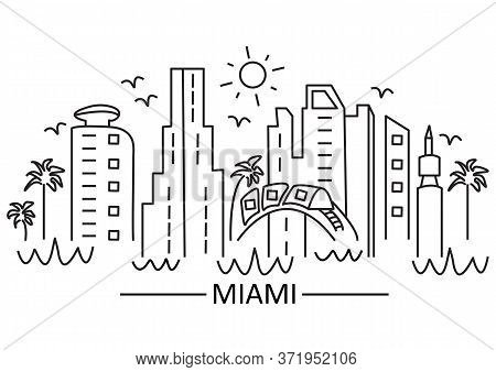 Miami City In Line Art Style. City Landscape. Vector Illustration.