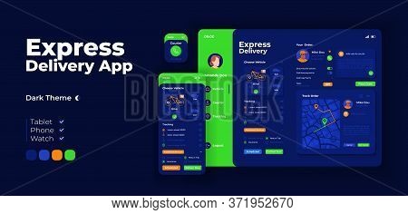 Express Courier Service App Screen Vector Adaptive Design Template. Home Shipping Application Night 