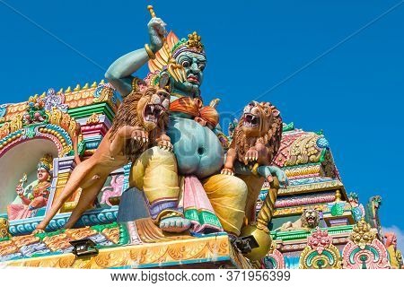 Trincomalee, Sri Lanka - February 10, 2020: Sculpture Of Shiva With A Trident And Lions. Detail Of T