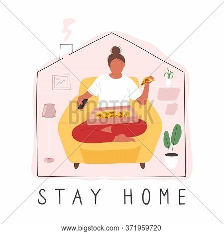 Young Woman Sitting In Armchair With Pizza Box On Her Lap, Holding Piece Of Pizza In One Hand And Ch