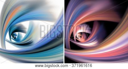 Set Of Two Abstract Fractal Backgrounds. Blue And Pink Arcs Converge At Two Points On White And Blac