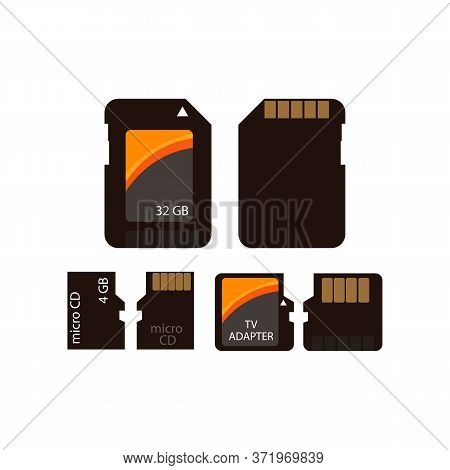 Memory Card Icon Set. 4 Gb Micro Sd Card, 32 Gb Card, Tv Adapter. Memory Data Storage Concept. Illus