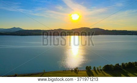 Aerial View Over Lake Forggensee At The City Of Fuessen In Bavaria Germany