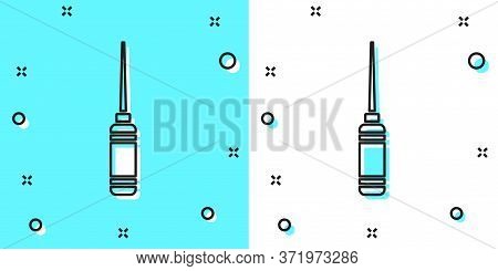 Black Line Awl Tool With Wooden Handle Icon Isolated On Green And White Background. Work Equipment T