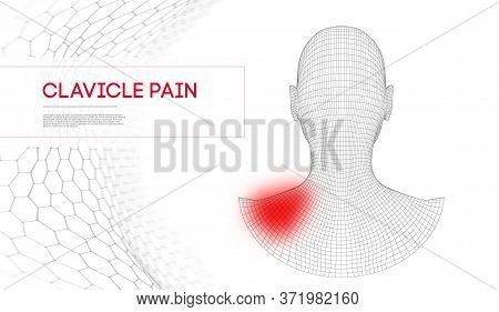 Clavicle Pain Of A Woman. Wireframe Head 3d. Vector Illustration.