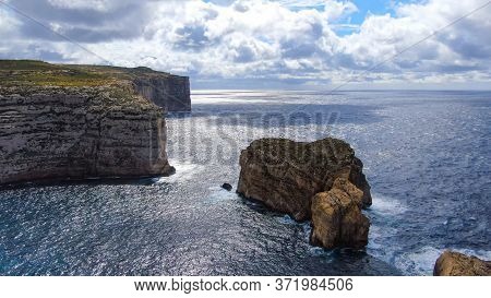 The Remains Of Azure Window At Dwerja Bay At The Coast Of Gozo Malta - Aerial Photography