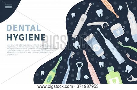 Vector Illustration Set, Landing Page Or Banner Of Dental Cleaning Tools, Oral Care Hygiene Products