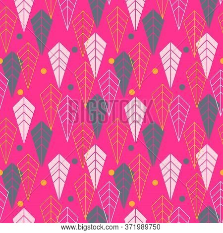 Geometric Leaves Outline And Fill Style Pattern On Hot Pink Background And Gold Dots