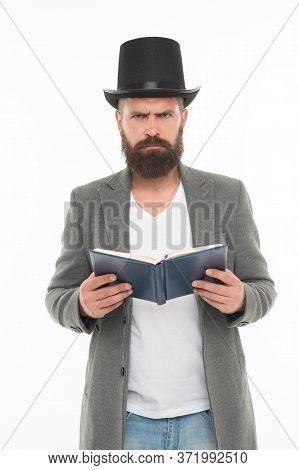 Dramatic Look. Reading Dramatic Scenario. Bearded Man Read Book Isolated On White. Poetry Reading. I