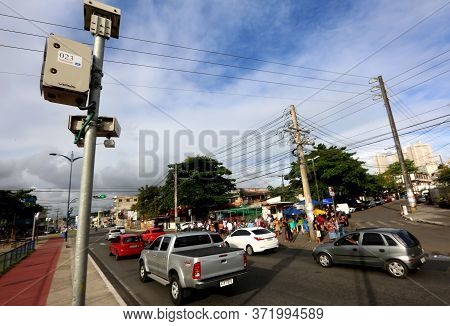 Salvador, Bahia / Brazil - October 17, 2016: Vehicle Driving Near Photosensor For Speeding Detection