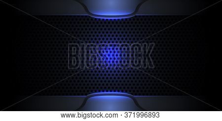 Carbon Fiber Dark Modern Texture. Dark Metallic Abstract Background With Violet Neon Lights And Lumi