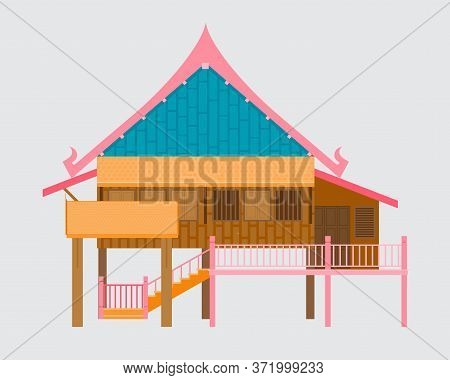 Thai Traditional House,thai Wooden House Beautiful Architecture, Vector Illustration.
