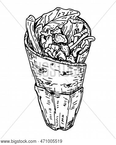 Shawarma, Doner Kebab Sketch Vector Icon. Turkish Fast Food With Meat And Vegetables In Pita Bread. 