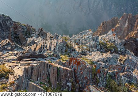 Awesome Mountain View From Cliff At Very High Altitude. Scenic Alpine Landscape With Edge Of Precipi