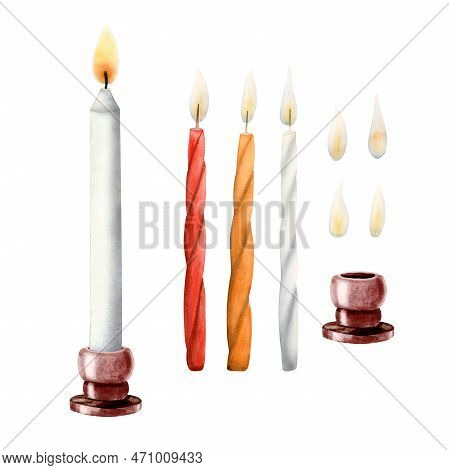 Shabbat Candles With Candlestick Set Of Watercolor Illustration For Gut Shabbos Designs Isolated On 