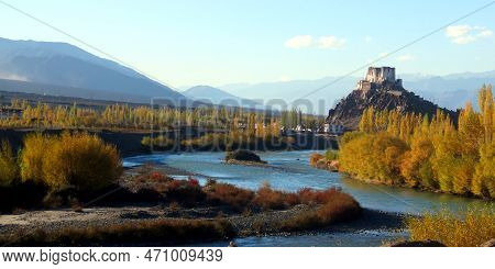 Monastery Beside River Indus During Sunset Near Leh In Ladakh Of India.