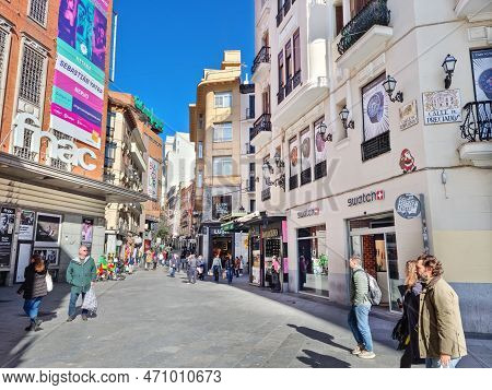 Madrid, Spain - 04 February, 2023: People Walking In The Calle De Preciados Street. The Public Stree