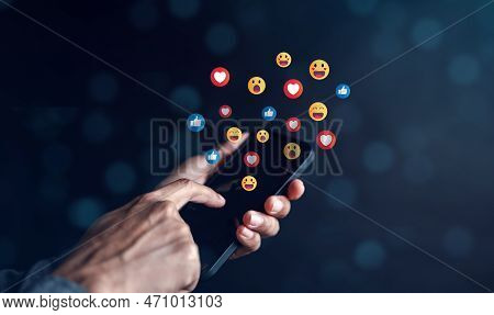 Social Media And Digital Online Concept, Man Using Smart Phone With Social Media. Resting With Inter