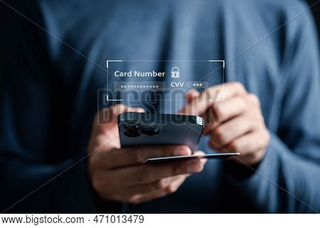 Verify Security On Technology Payment Concept. Man Typing Credit Card Number For Payment In Online S