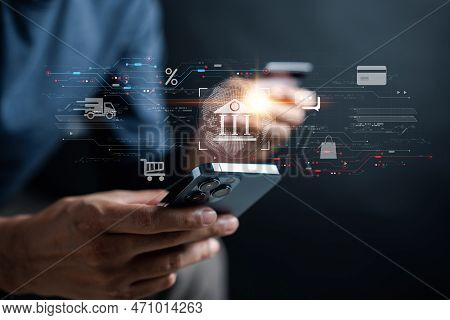 Access Paying Online Payment Concept. Man Hand Using Smart Phone, Banking And Online Shopping Via Ba