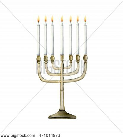Watercolor Ancient Menorah With Seven Burning Candles, Ritual Jewish Candlestick For Passover Holida