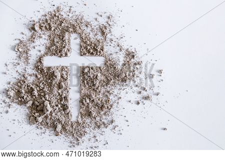 Christian Cross Or Crucifix Drawing In Ash, Dust Or Sand As Symbol Of Religion, Sacrifice, Redemptio