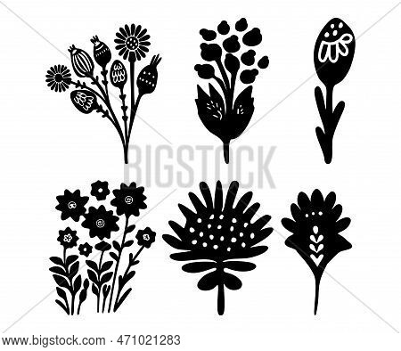 Folkart Flower Vector Illustration Set . Botanical Kids Scandi Garden Botanicals Collection.