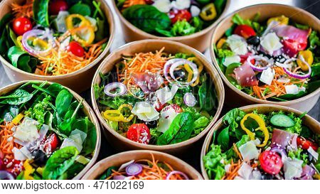 Paper Boxes With Pre-packaged Vegetable Salads Ready For Sale