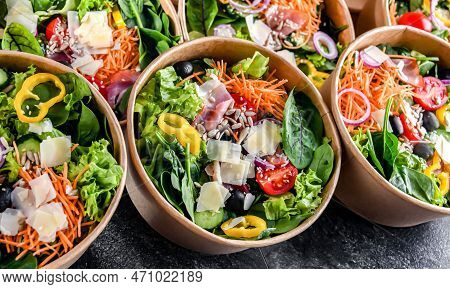Paper Boxes With Pre-packaged Vegetable Salads Ready For Sale