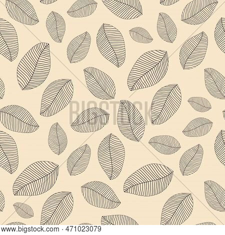 The Leaves Are Black With Beautiful Venation On A Beige Pastel Background. Seamless Pattern With Fol