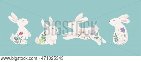 Easter Bunny Trendy Set. Set Of Cute White Rabbits Or Hares. Flat Cartoon Colorful Vector Illustrati