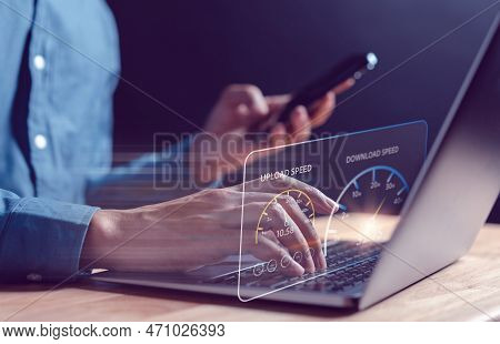 Super Fast Internet Connection Speedtest Bandwidth Network Technology, Man Using Internet High Speed