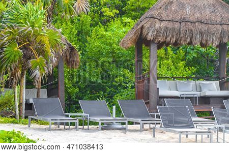 Palms Parasols Sun Loungers Beach Resort Playa Del Carmen Mexico.