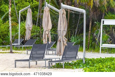 Palms Parasols Sun Loungers Beach Resort Playa Del Carmen Mexico.