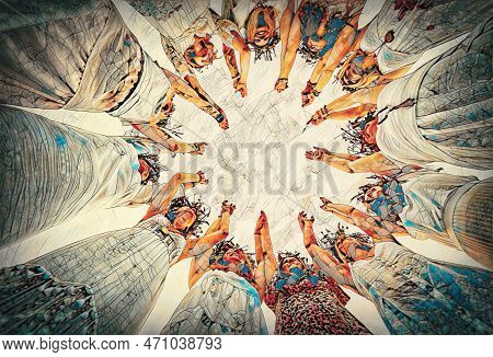 Women In Flower Wreath, Floral Crown, Symbol Of Summer Solstice. Painting Effect.