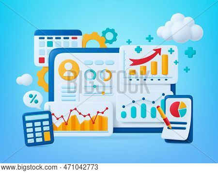 Business Strategy Analytics 3d Concept, Manager Social Graphics And Charts. Taxes Growth, Financial 
