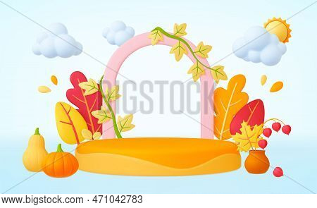 Autumn 3d Background. Fall Leaves, Pumpkin And Seasonal Plants. Leaf And 3d Empty Platform Podium, A
